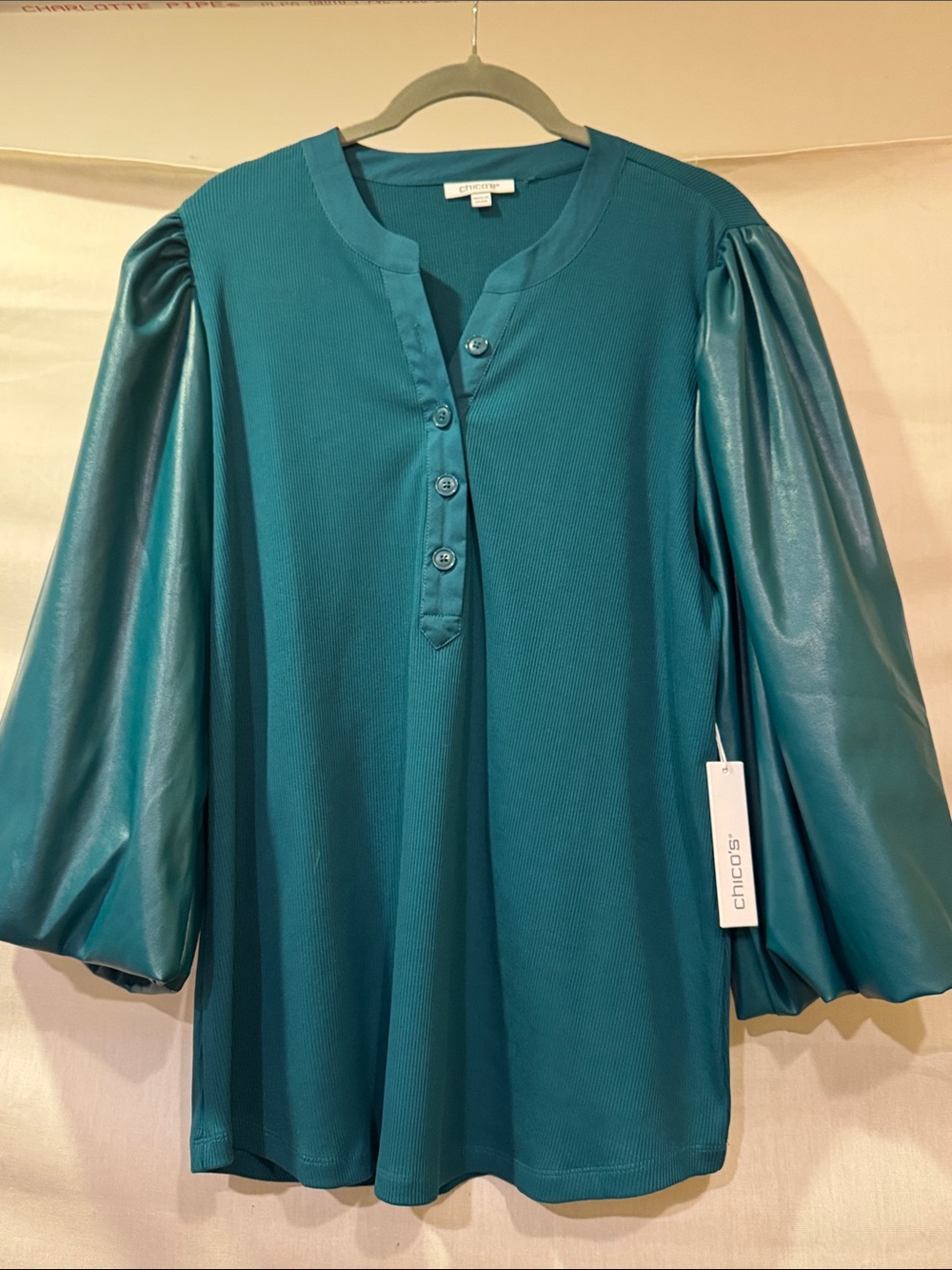 Chico's Peacock Teal Henley with Faux Leather Puff Sleeves Size XL (16/18) New